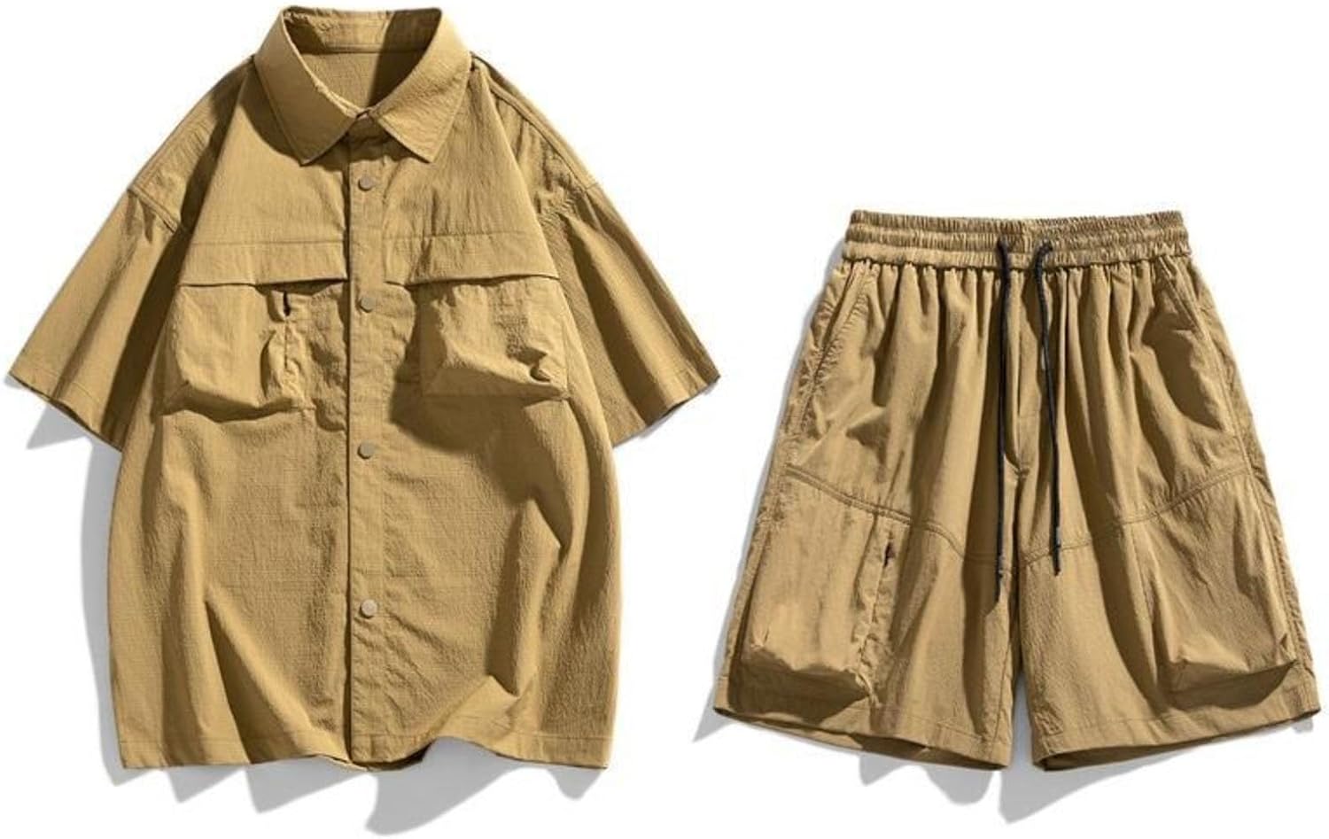 Men's Casual Linen Suits 2 Piece Sets Summer Long Sleeve Button Down Shirt and Cargo Shorts