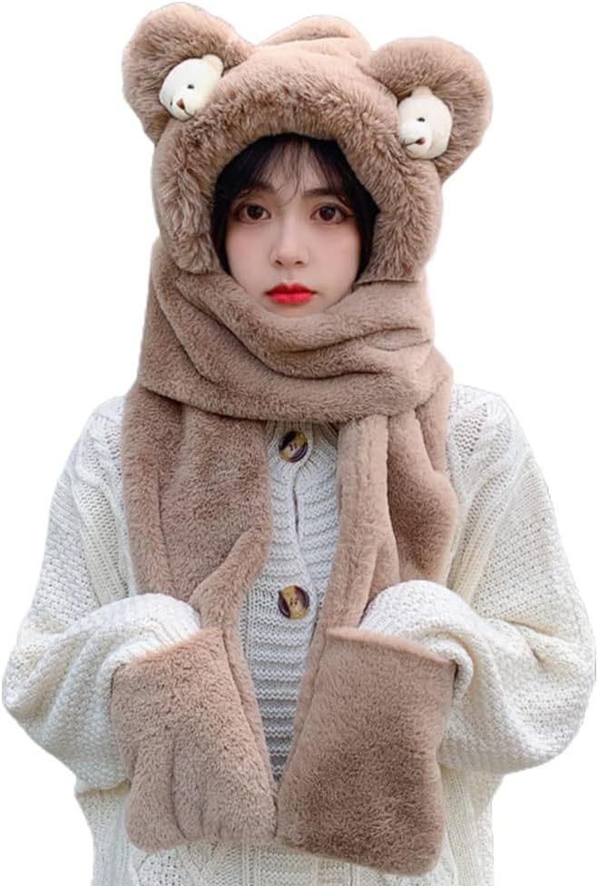 Scarf,Windproof Scarf Scarf Winter Hat Scarf Gloves Set For Girl Bear Ear Hat Scarf Warm Ear for Three Pi Scarf