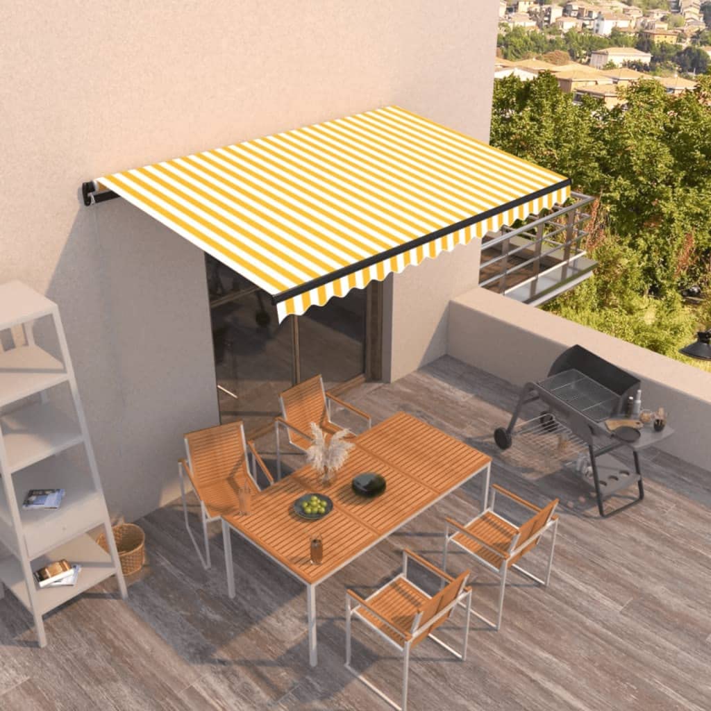 Auvent manuel rétractable 450x350 cm en polyester jaune et blanc pour terrasse