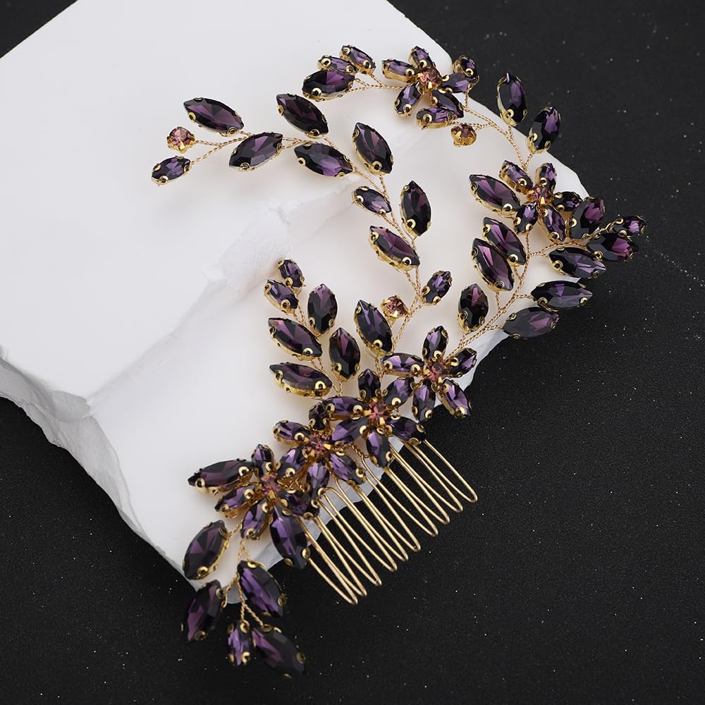 Teyglen Crystal Wedding Headpiece Flower Rhinestone Bridal Hair Comb Headband Hair Accessories for Bride Handmade Purple Crystal Hair Piece Bridal Side Comb for Women Girls (Purple)