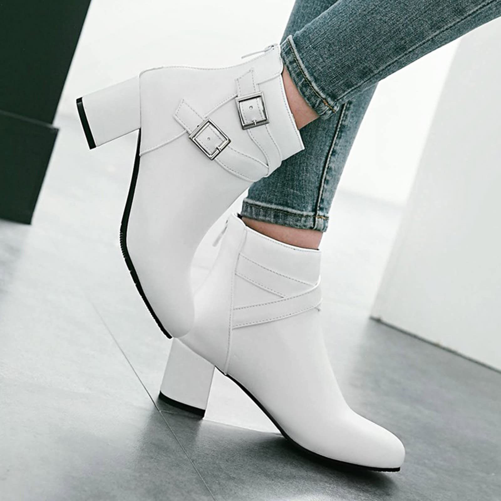 Generisch Winter Damen Ankle Boots mit Dicker Ferse Gürtelschnalle mittlerem Absatz seitlichem Reißverschluss für kalte Tage
