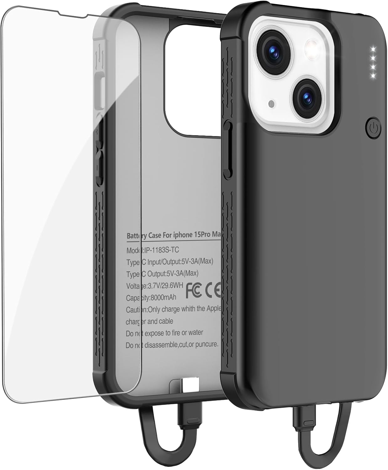 GIN FOXI Battery Case for iPhone 15/15 Pro, Rechargeable Charing Cases 7000mAh Portable Juice Box Fast Charger Cover Battery Pack for iPhone 15/15 Pro Built-in Cable, Black