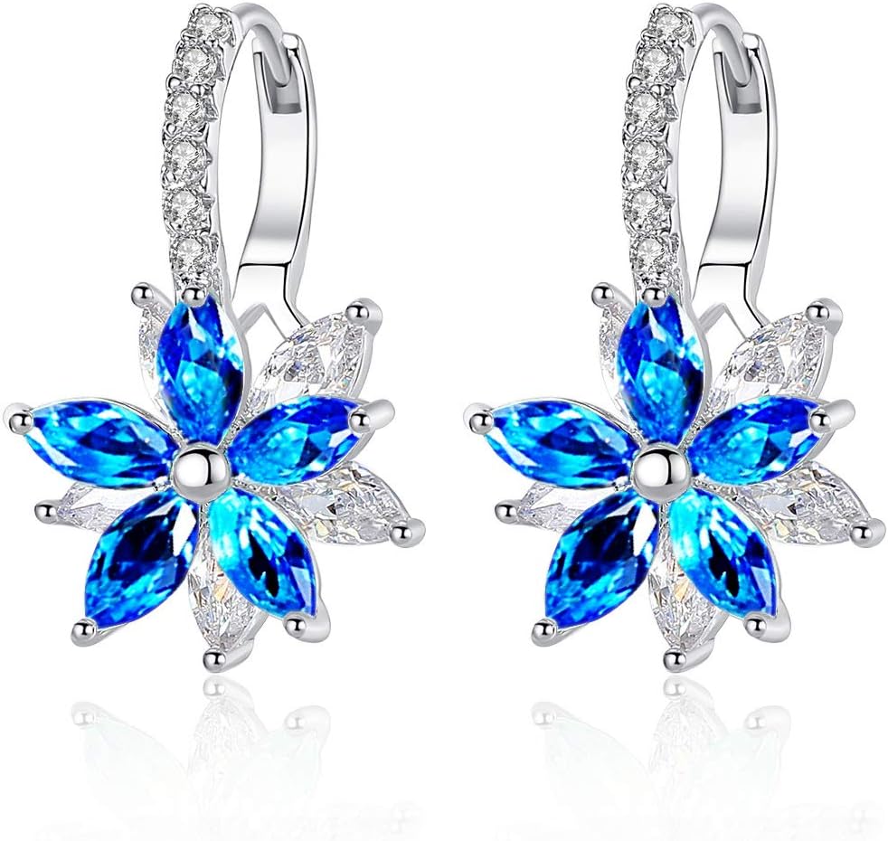 Silver Hoop Earrings for Women, Double Flower Hoop Earring with Light Green Pink Blue Yellow Purple Red Green White Colourful Cubic Zirconia, Hypoallergenic Cartilage Hoops Ear Ring Hanging