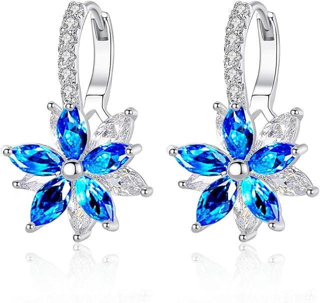 Jösva Silver Hoop Earrings for Women, White Gold Plated Double Flower Hoop Earring with Cubic Zirconia, Hypoallergenic Crystal Hoop Earrings, Size:13mm * 22mm, Color: Blue, Gift for Christmas