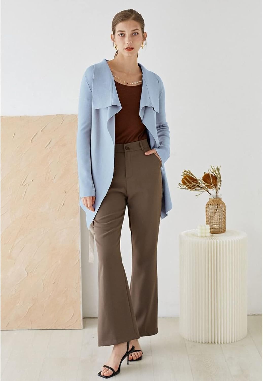 CHICWISH Women's Wide Lapel Tie Waist Knit Cardigan Coatigan Light Jacket