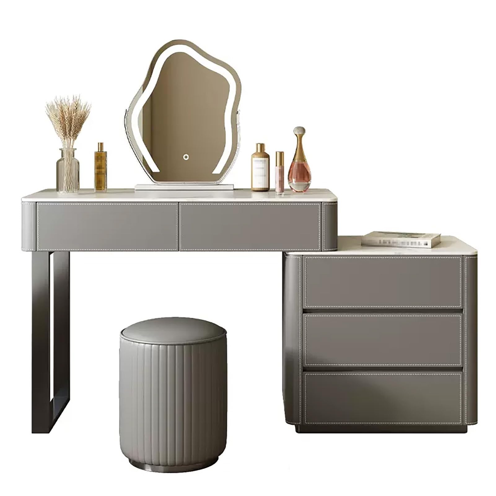 CGCSYZ Makeup Vanity Set, Gray Vanity Table, Saddle Leather Finish, Makeup Dressing Table, with Mirror and Stool, Vanity Makeup Desk with Side Drawer Cabinet, Slate Countertop(80cm/31.5in)