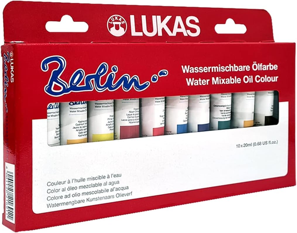 Lukas Berlin Pro Artists Water Mixable Oil Paint Set of 10 (20mL) Selection Set of 10-20 ml Tubes, Water Soluble, Lightfast Pigments, Quick Drying, Easy Clean-Up, Eco-Friendly, Professional Quality
