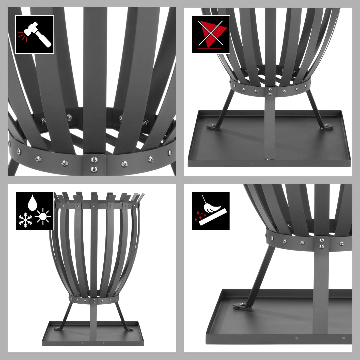 LANDMANN | Feuerkorb Steel Stripes für Garten | 360° Sicht auf das Feuer | Inklusive Bodenplatte für Aschefang und 3 verschraubten Beinen | Wetterfest | Stabil | Maße: ca. 44 x 44 x 65 cm