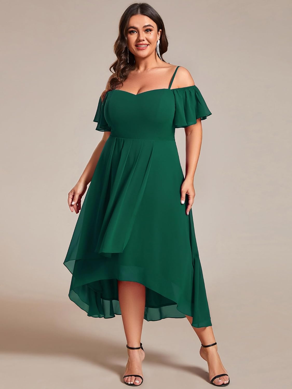 Ever-Pretty Women's Plus Size Ruffle Sleeves Off Shoulder Empire Waist A Line Chiffon Wedding Guest Dress 02103-DA
