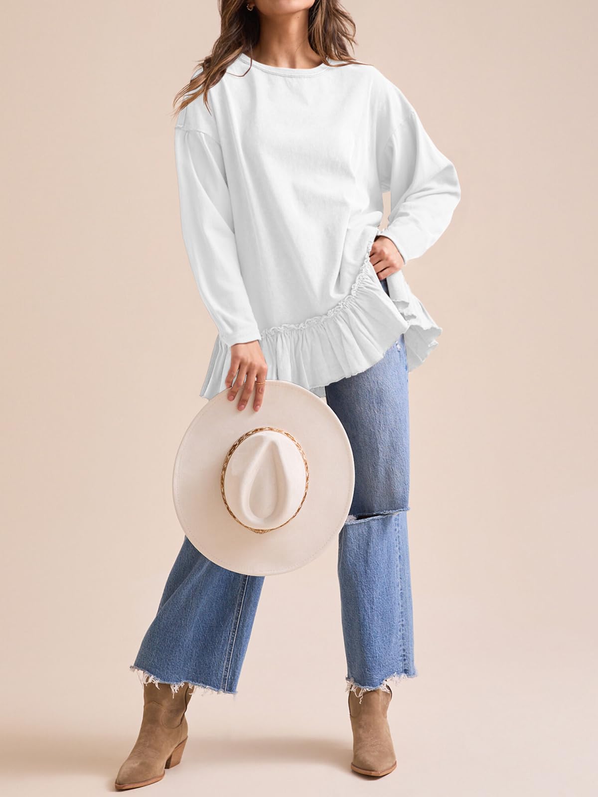 Tankaneo Tunique péplum surdimensionnée à manches longues pour femme - Chemise plissée décontractée à col rond - Coupe ample