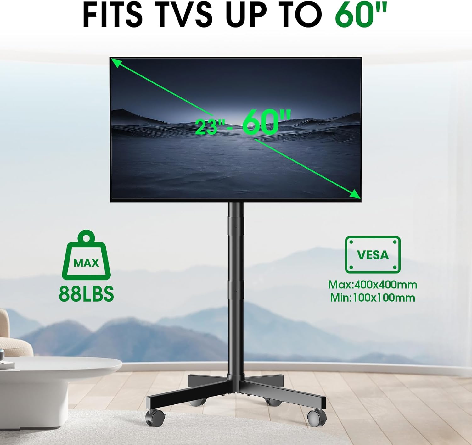 Mobile TV Cart Rolling TV Stand for 23-60 Inch LCD LED OLED Flat Curved Screens up to 88 lbs, Height Adjustable Portable TV Stand on Wheels, Outdoor TV Stand Mount, Max VESA 400x400mm, Black