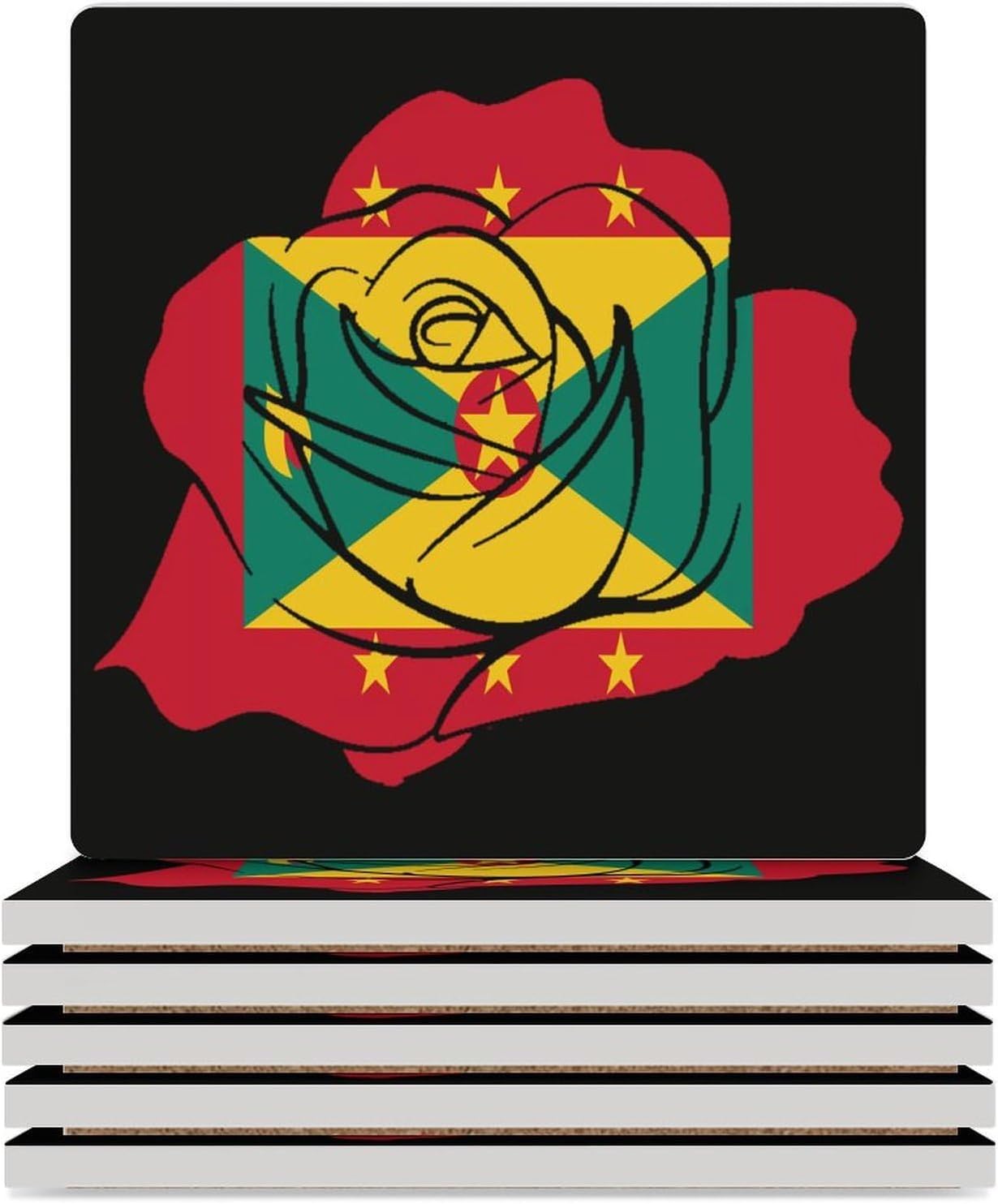 Grenada Flag Grenadian Rose Coaster for Drinks Square Ceramic Table Coasters Stone Mat Crafts 4PCS Home Kitchen Decor