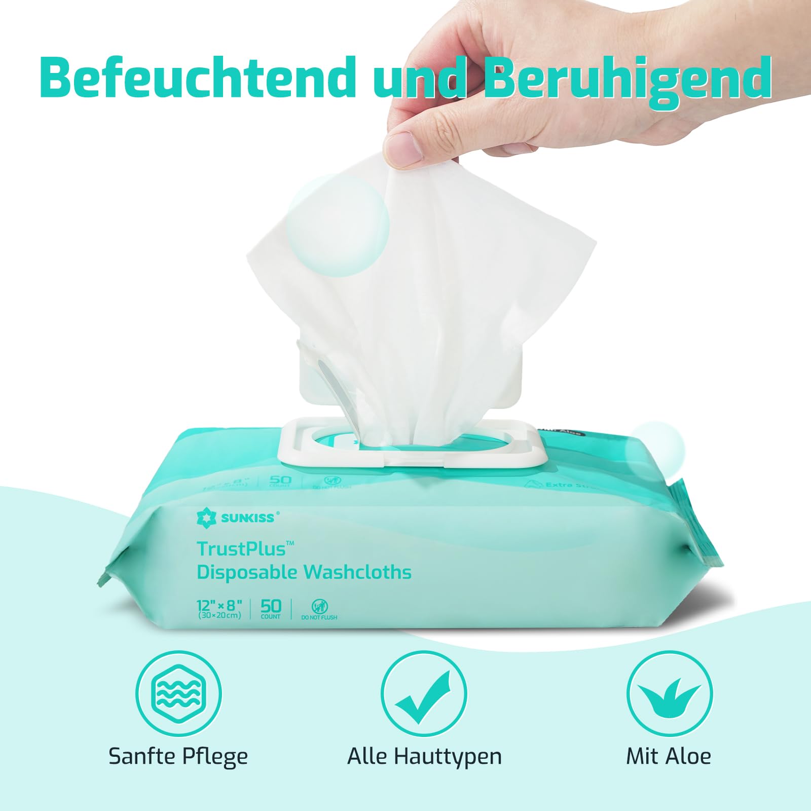SUNKISS Trustplus Feuchttücher für Erwachsene, Extra Dick 20x30 cm Körperreinigungstücher mit Aloe für ältere Inkontinenz & Reinigung, 200 Stück (4 Packungen mit 50)