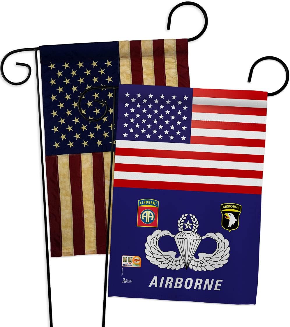 US Airborne Burlap Garden Flags 2pcs Pack Armed Forces Army Rangers United State American Military Veteran Retire Official Small Decorative Gift Yard House Banner Double-Sided Made In USA 13 X 18.5