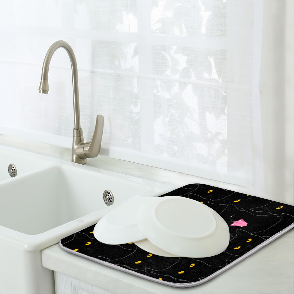 Tappetino Scolapiatti A Forma Di Gatto Nero – Assorbente E Antiscivolo, 40.6x45.7 Cm