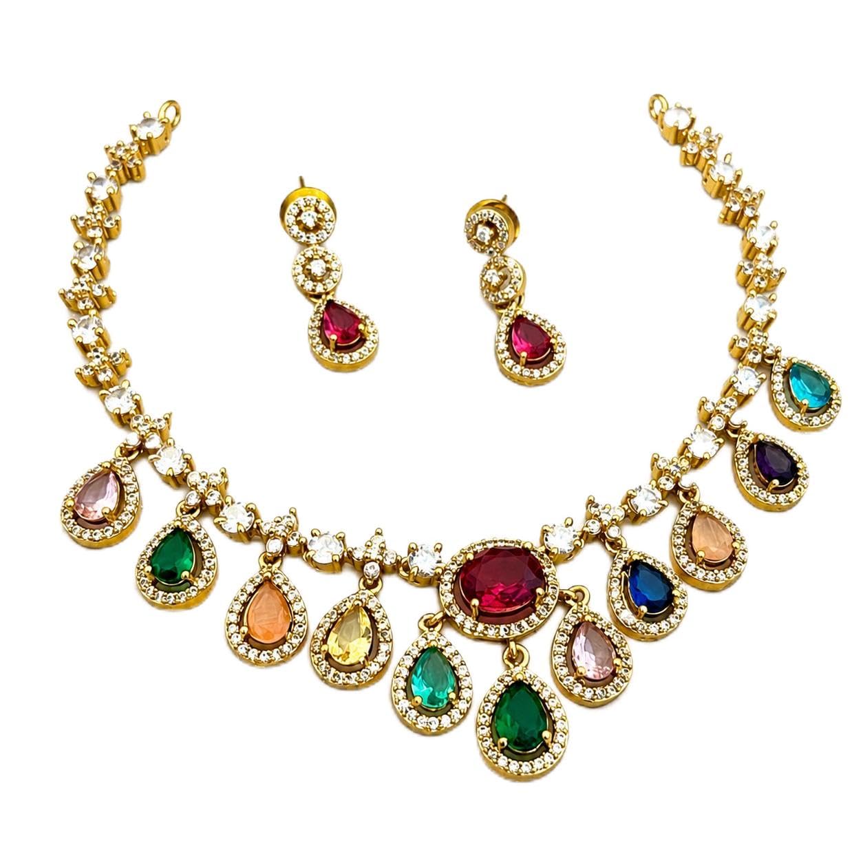 American Diamond Multicolor Necklace Set for Women | Gold Plated CZ Necklace with Matching Earrings | Traditional Jewellery | Bridal, Wedding & Festival Gift-image-44