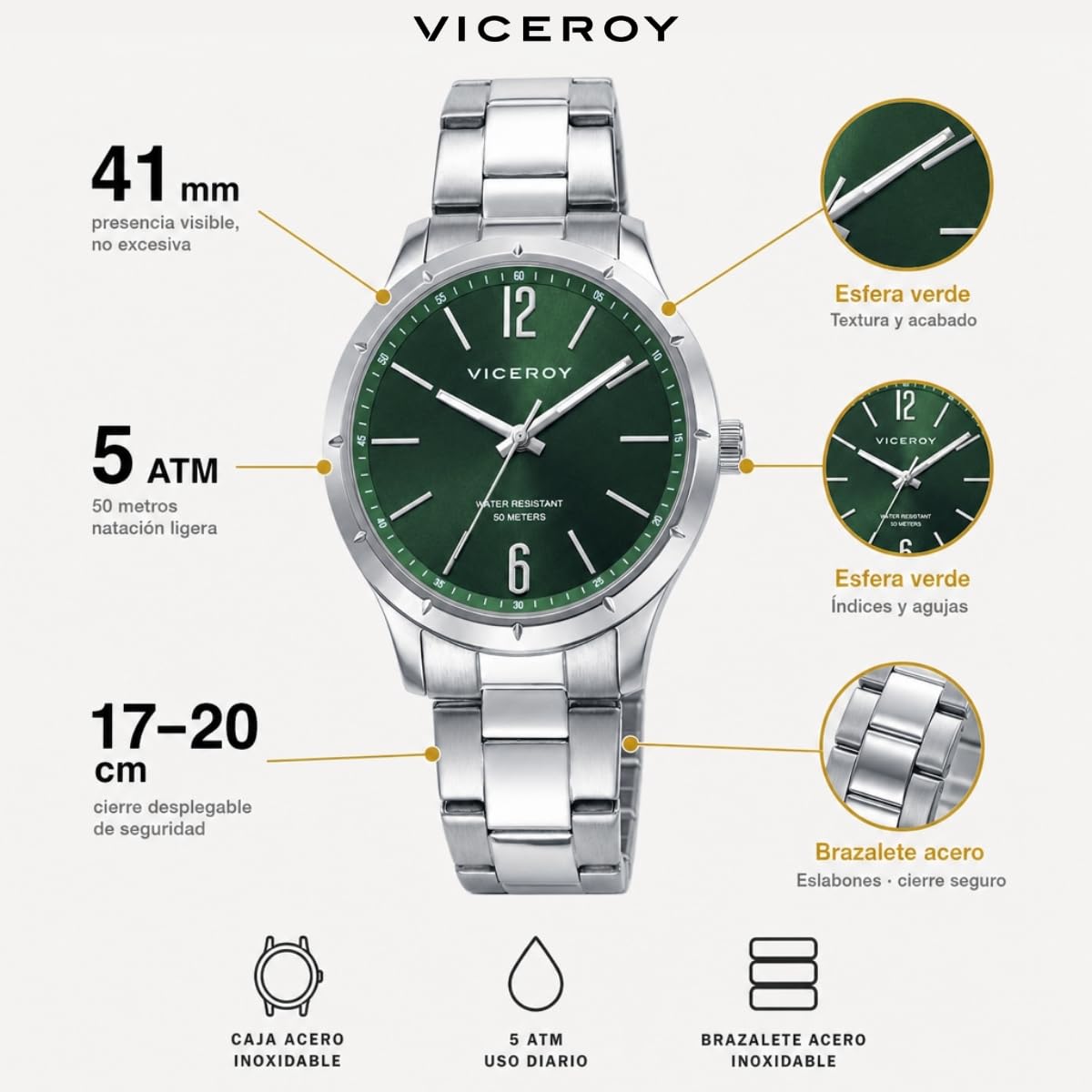 Viceroy Reloj Hombre Elegante para Vestir de Acero Inoxidable - 41 mm - Movimiento de Cuarzo - Bisel Dorado - 401493