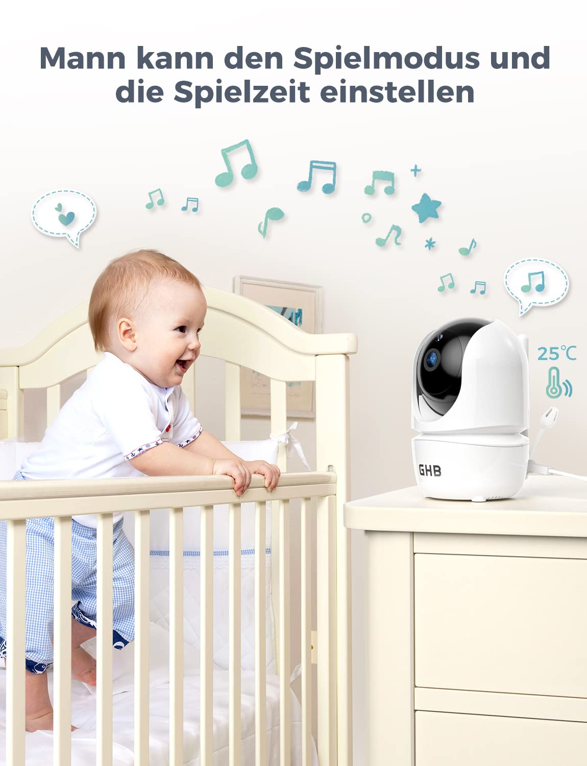 GHB Babyphone mit Kamera 5 Zoll 720P HD IPS-Display mit 4000mAh Akku Pan/Tilt 350°/110° VOX-Modus Gegensprechen Nachtsicht Temperaturanzeige