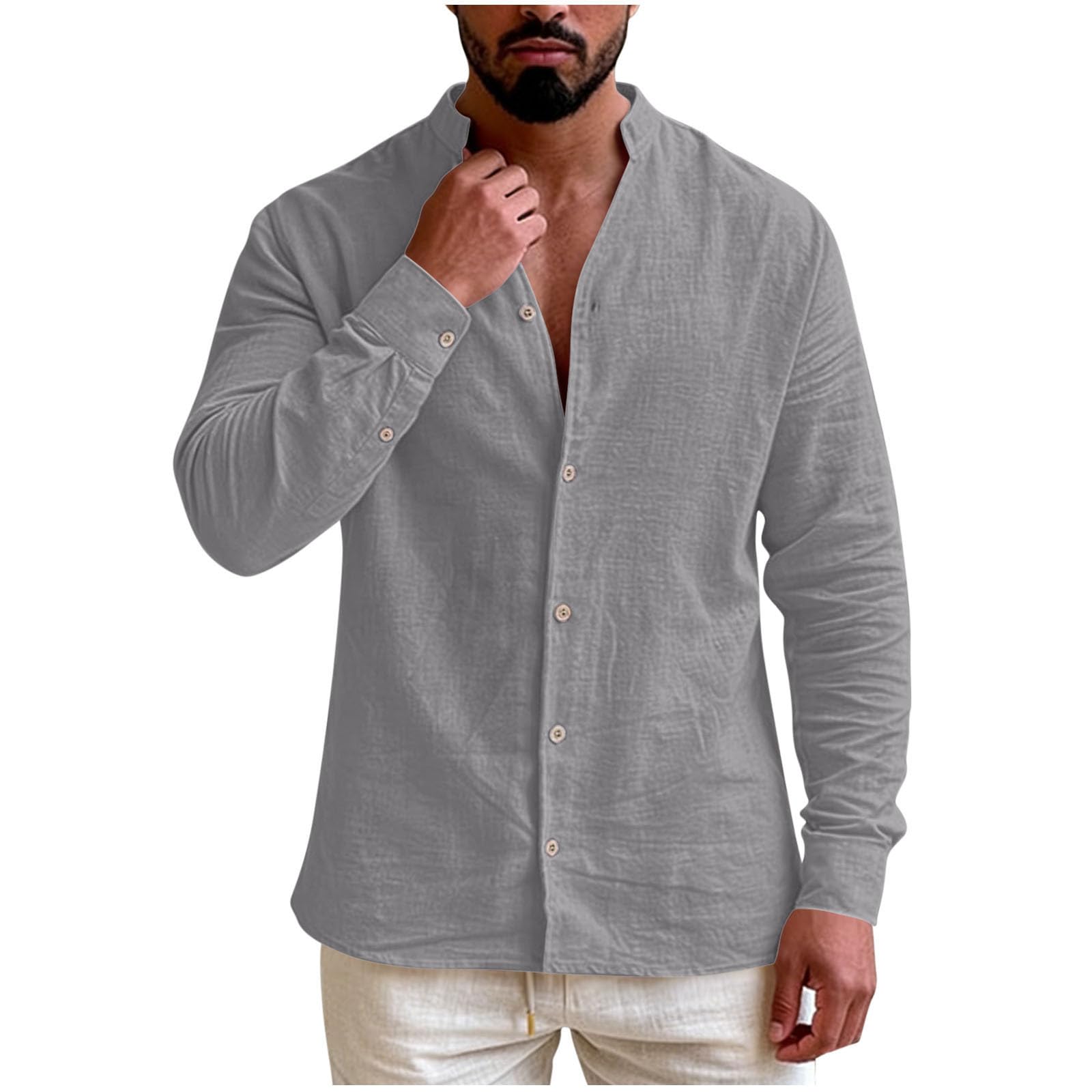 Mens Cotton Linen Shirt Casual Long Sleeve Buttons Down Banded Collar Shirt Summer Beach Solid Plain Lounge Tops