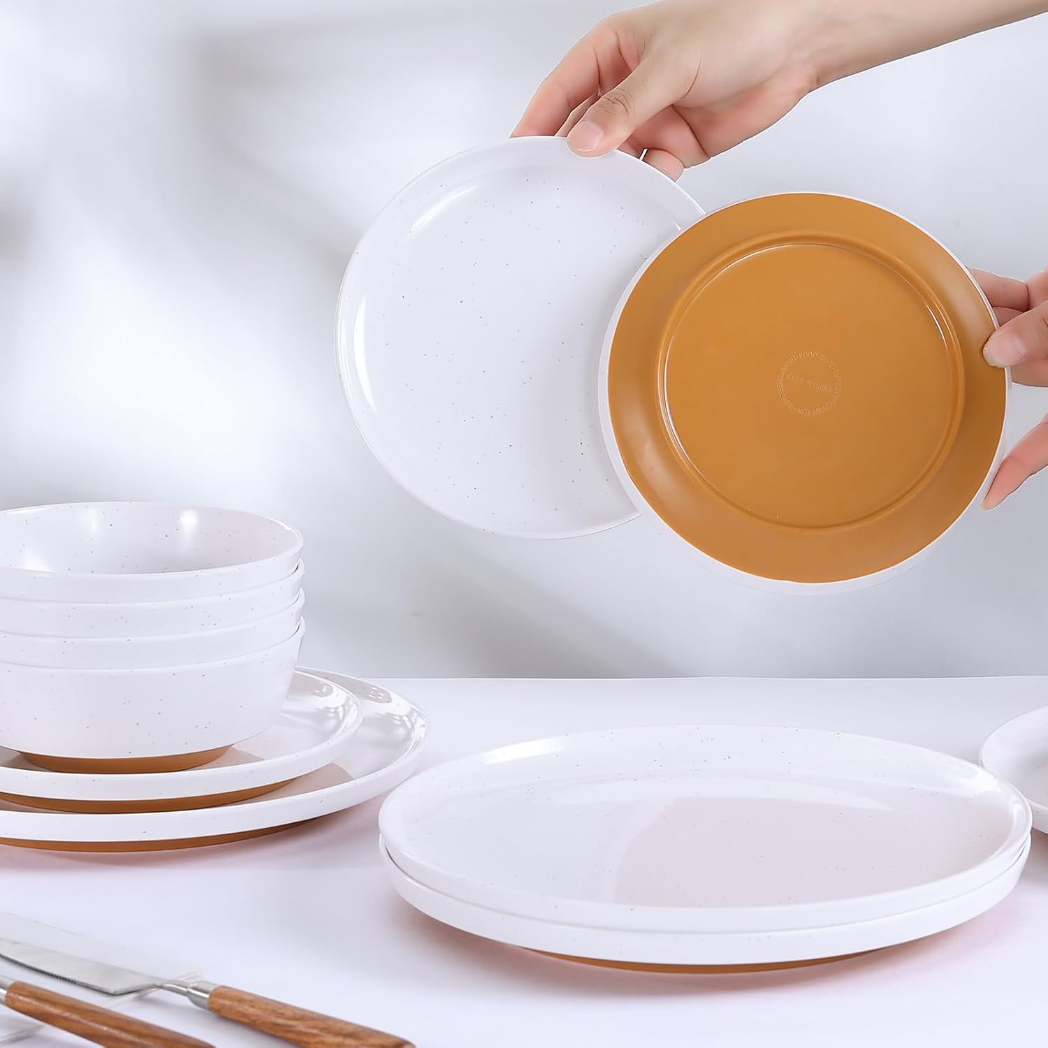 Webbylee 12-Piece Melamine Dinnerware Set for 4 – Unbreakable Plates & Bowls, BPA-Free, Lightweight, Two-Tone White & Brown, Ideal for Family Meals, Camping, Picnic, Parties
