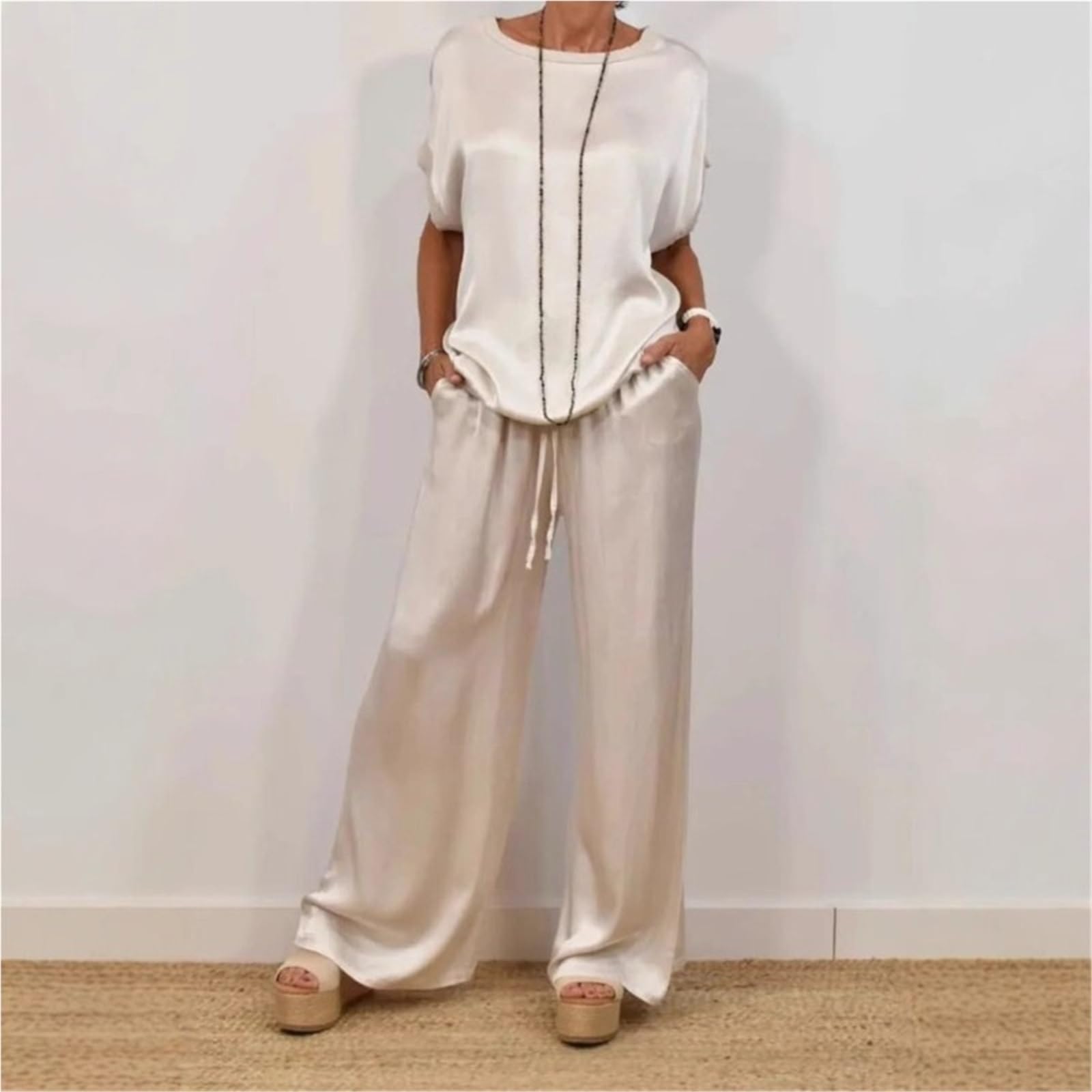 Traje de satén de talla grande for mujer, top negro con cuello en V, pantalones largos, trajes holgados, conjuntos de ropa informal de verano a la moda for mujer Para Playa y Verano(Black,XXL)