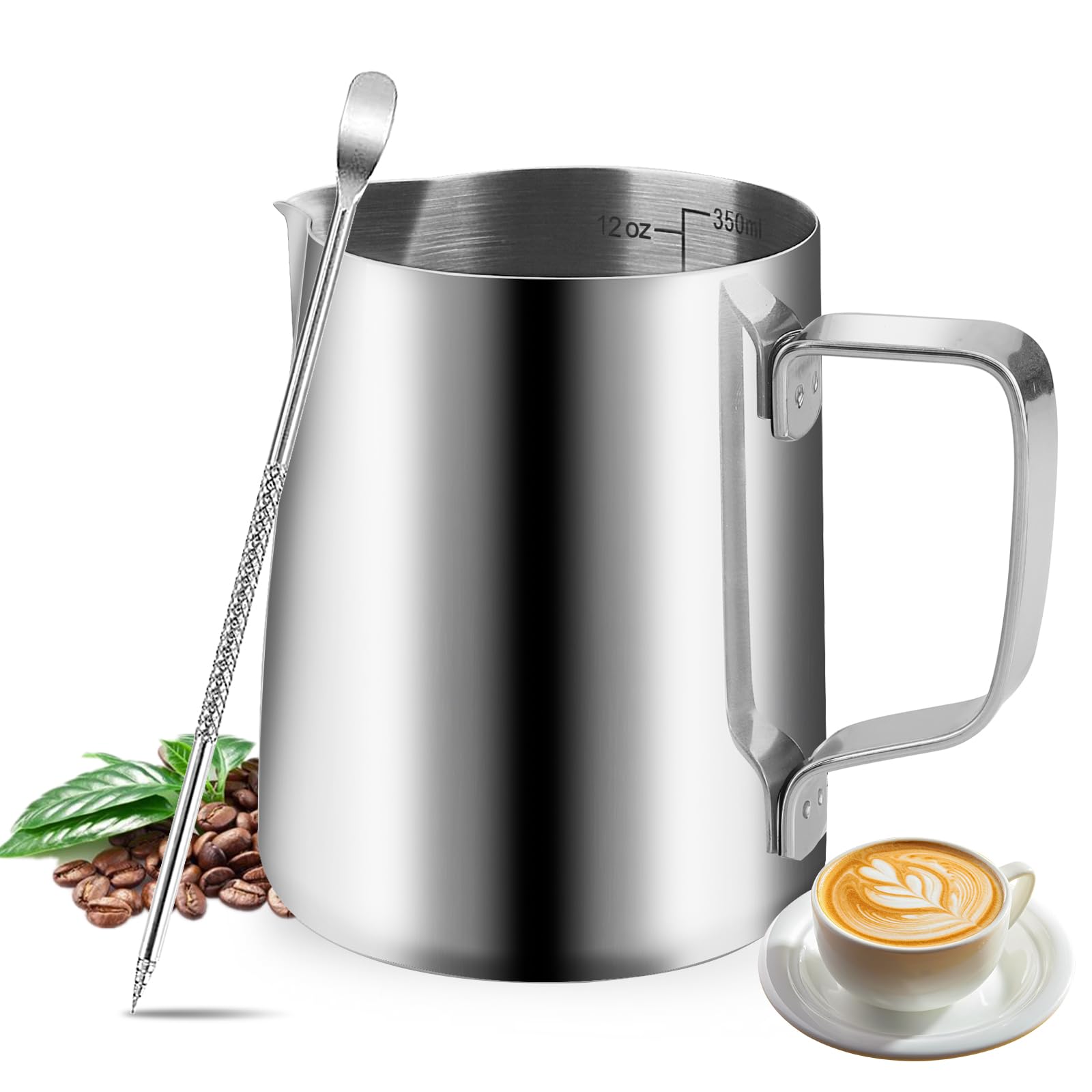 Dzbanek na mleko ze stali nierdzewnej 304, dzbanek do spieniania 350 ml, długopis Latte Art, kubek do spieniania mleka ze znacznikami pomiarowymi, nadaje się do cappuccino i espresso
