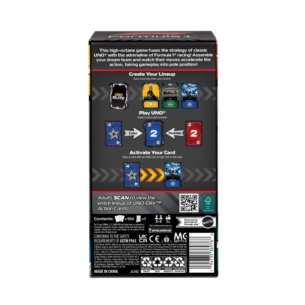 Mattel Games UNO Elite Formula 1 2025 Core Edition Starter Pack Card Game with 4 Game Booster Packs & 2 Promo Cards for Kids, Fans, Families & Game Night