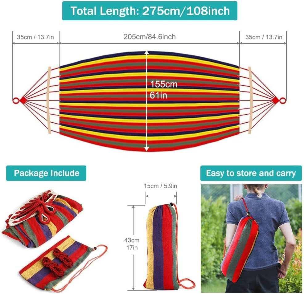 Image of MOSFiATA Hammocks Portable Camping Hammock Upgraded 550lb Comfortable Fabric Hammock with Two Anti Roll Balance Beam and Sturdy Tree Straps for Camping, Patio, Backyard, Outdoor (Colorful Stripe)