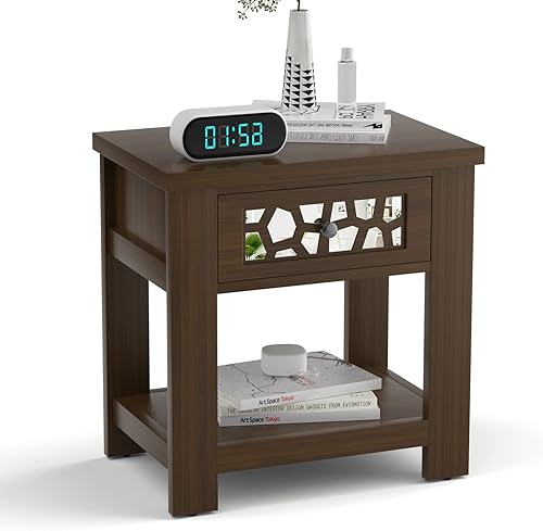Giantex Mesa auxiliar retro mesa auxiliar de madera con cajón de cristal espejo y estante de almacenamiento abierto mesita de noche para dormitorio
