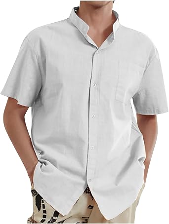 Mens Casual Button Down Shirts Short Sleeve Linen Shirts Summer Beach Lapel Collar Dressy Tees Blouses