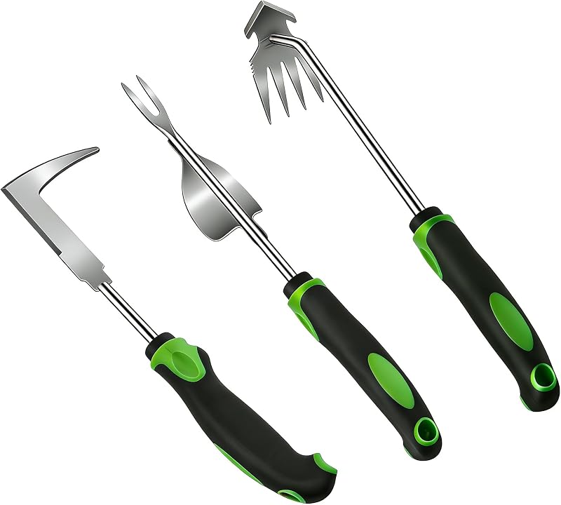 3 Piece Weeding Tool Set, Stainless Steel Hand Weeder Kit with Rubber Handles, Crack Weeder, Weed Puller and Crevice Tool for Lawn, Flower Beds, Sidewalk Cracks, Patio and Between Pavers
