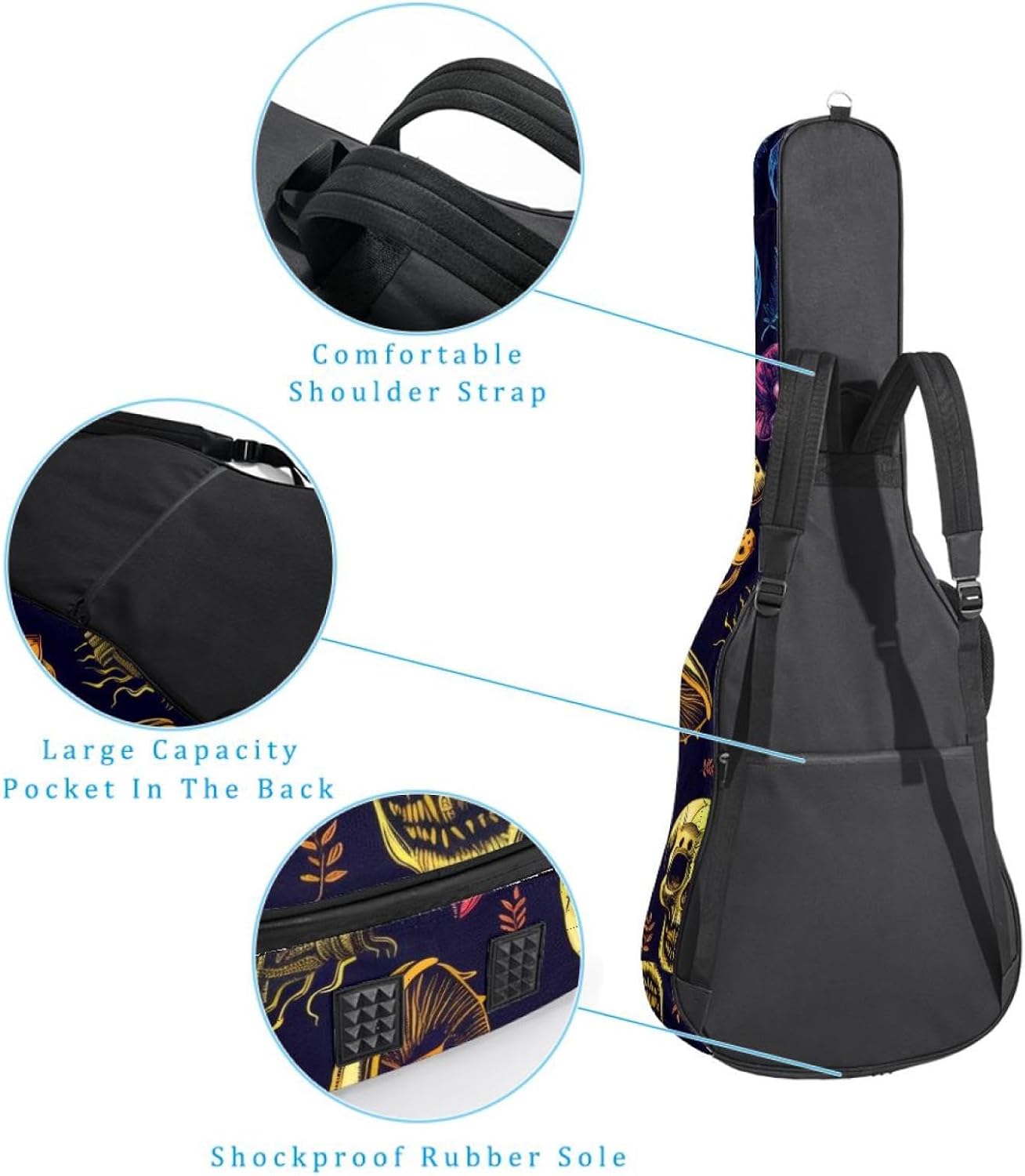 40 41 42 Inch Guitar Bags, Waterproof Padded Acoustic Guitar Case Backpack with Adjustable Shoulder Strap & Pockets, Mushrooms and Skulls