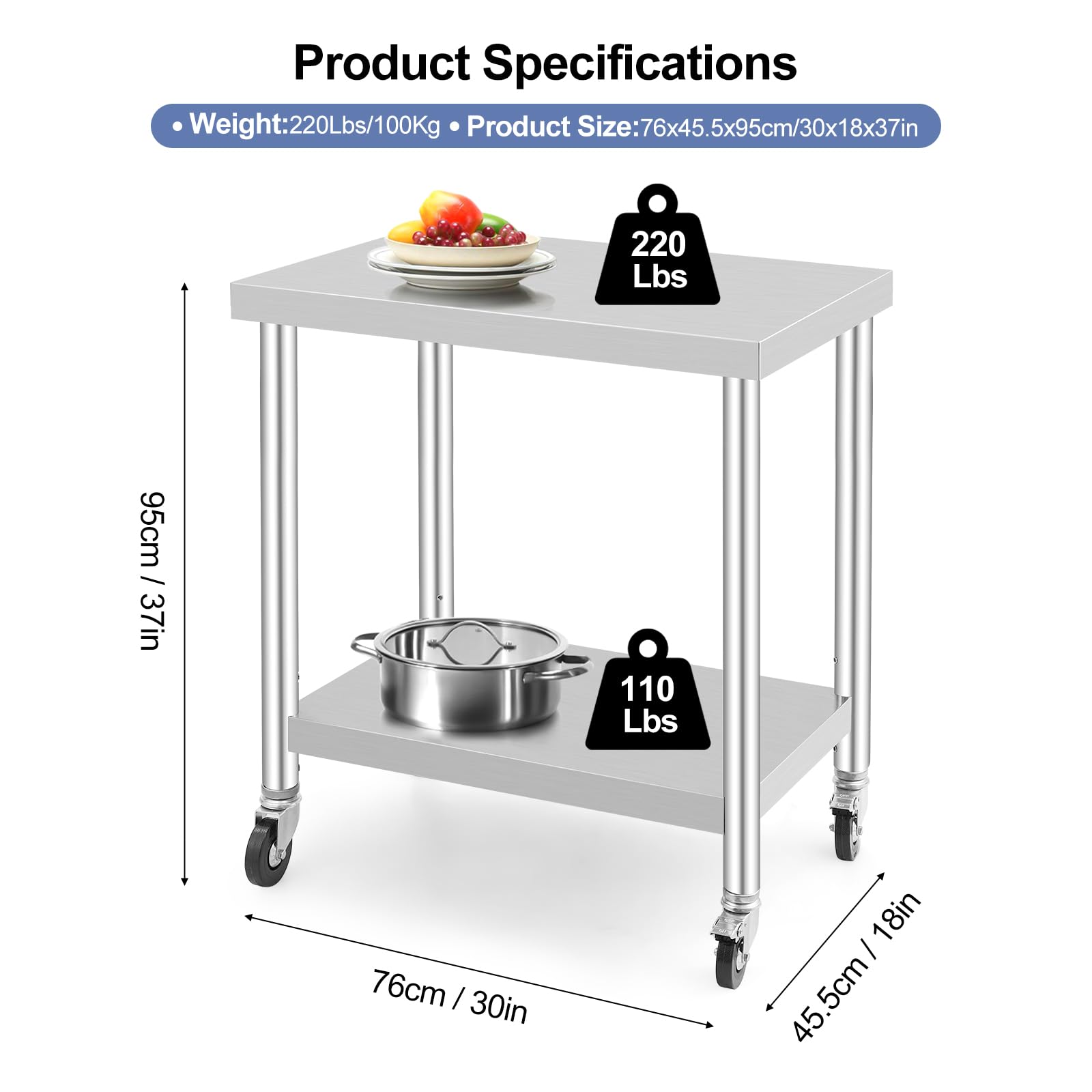 GarveeHome Arbeitstisch aus Edelstahl für Lebensmittelzubereitung, höhenverstellbar mit 3 Stufen, 4 Lenkrollen (2 gebremst), Maße 76x46 cm, ideal für gewerbliche Küchen, Restaurants & Catering