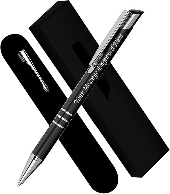 Paul Clover Personalised Engraved Blue Ink Ballpoint Pen with Medium Point - Refillable - Lacquered Aluminium Finish - Velvet Pouch, Gift Box & Black Refill - Great Gift for Men, Women - Black