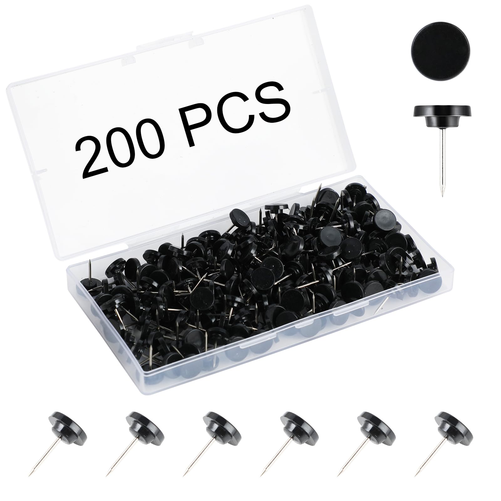 200pcs Black Push Pins Thumb Tacks - Flat Decorative Pushpins for Bulletin Board, Plastic Head Thumbtacks for Cork Board, Office Classroom Decor, Wall Hanging