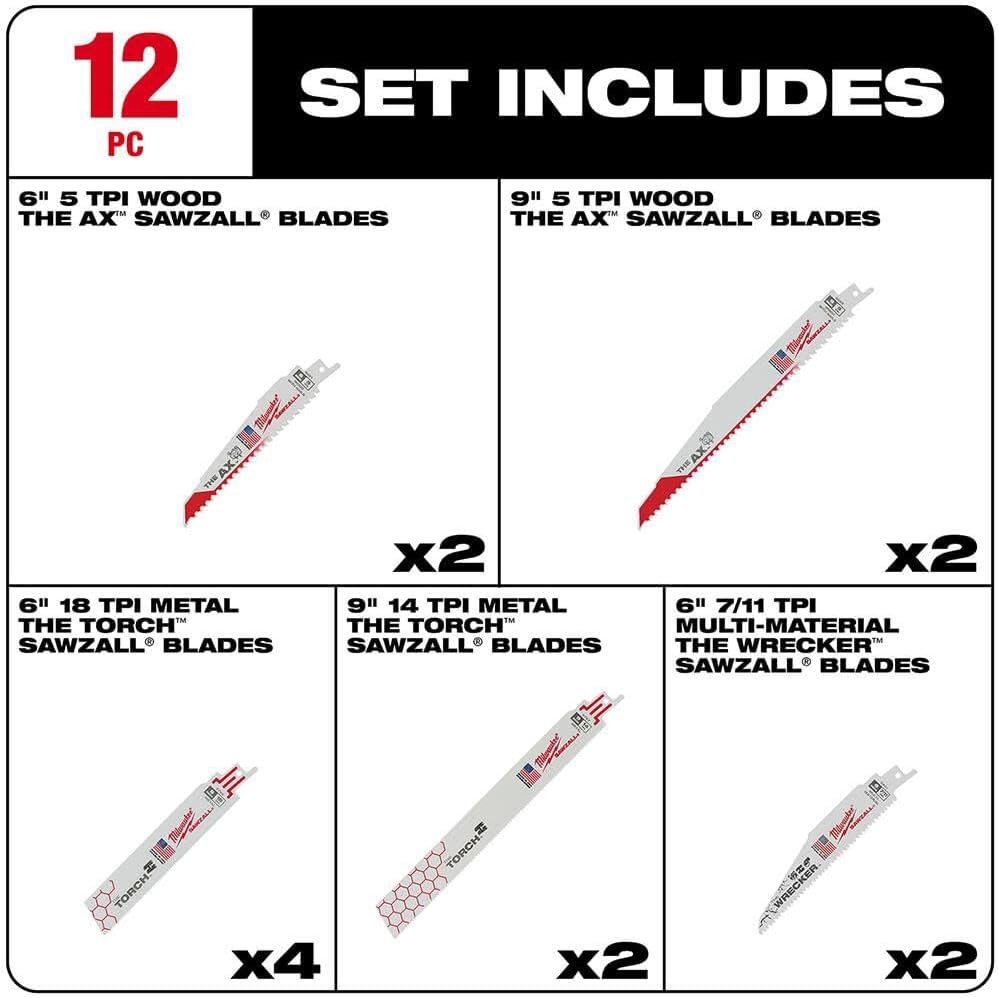 Milwaukee Electric Tool 49-22-1129 Sawzall Reciprocating Saw Blade Set, 12 Pc, White