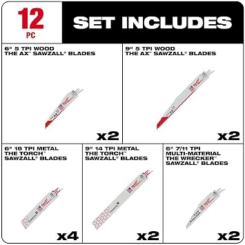 Milwaukee Electric Tool 49-22-1129 Sawzall Reciprocating Saw Blade Set, 12 Pc, White