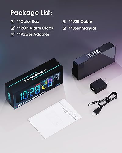Miniatura 7 de Mesqool Reloj dinámico RGB con pantalla grande, números grandes y llamativos, reloj despertador súper fuerte para dormitorio, personas que duermen
