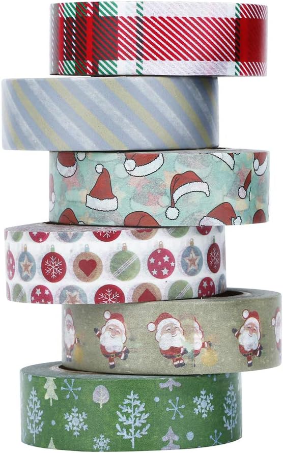 Christmas Washi Tape Set, 6 Rolls Art Craft Gift Present Wrap Collections Masking Foil Holiday Tapes for DIY, Scrapbooking and Xmas Gift Wrapping, Total 198ft