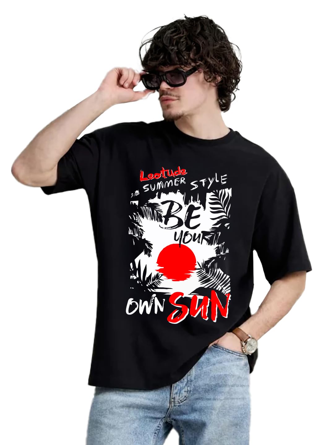 LEOTUDE Men's Cottonblend Oversized Half Sleeve Round Neck Regular Fit T-shirt