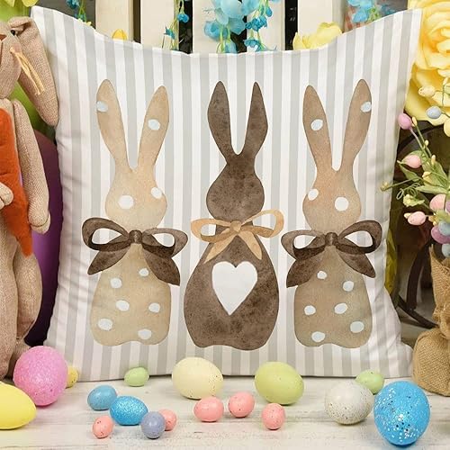 Miniatura 6 de GEEORY Juego de 4 fundas de almohada de Pascua de 18 x 18 pulgadas, diseño de conejo con cruz de huevos de primavera para sofá G209-18