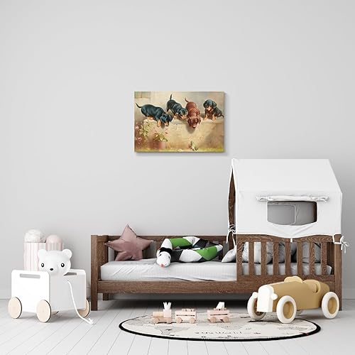 Miniatura 5 de Divertido lienzo para la pared, diseño vintage de animales de bebé, curiosos cachorros salchicha y una rana, pintura en tonos pastel, ilustraciones