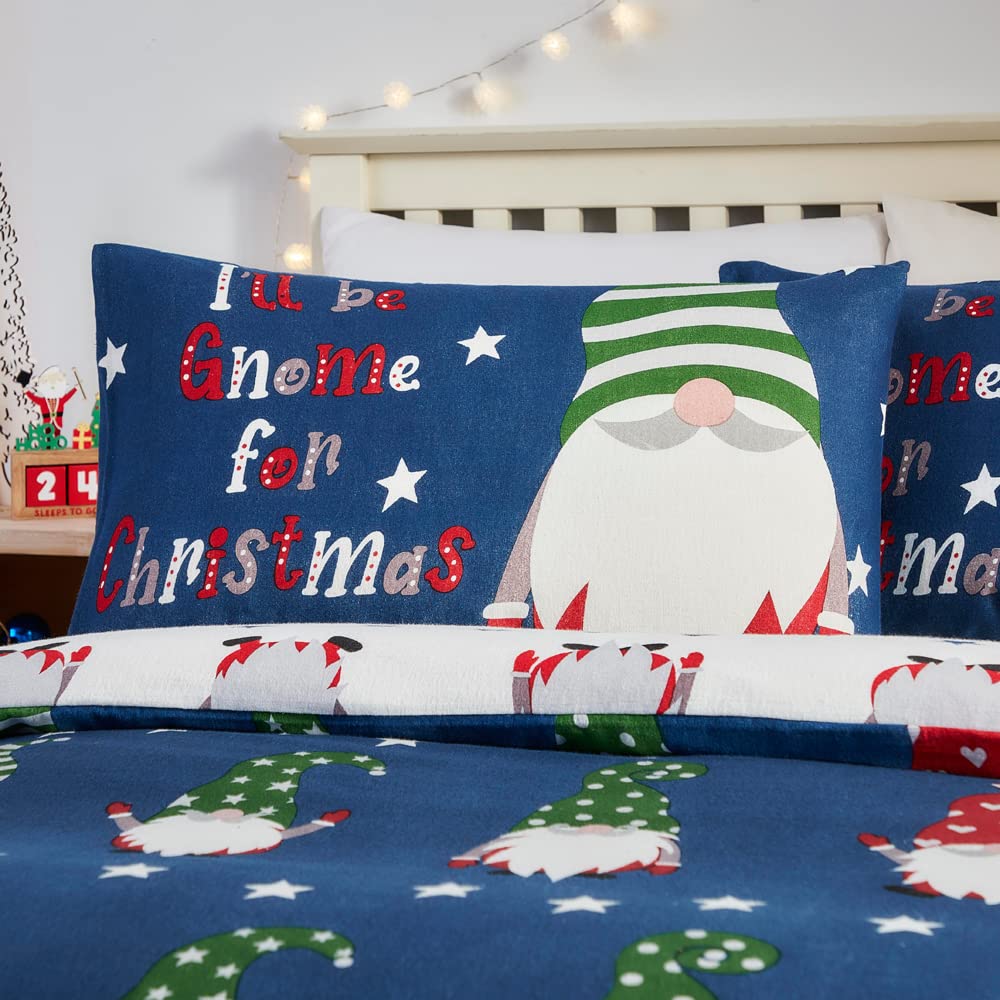 Fusion Set copripiumino natalizio Gnome per Natale, 100% cotone spazzolato,2 pezzi, per letto singolo, colore blu navy GFCNY11PZU