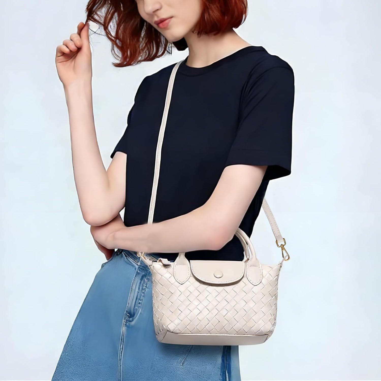 Small Vegan Leather Crossbody Bags For Women, Mini Woven Dumpling Handbag, Cute Top... - Image 2