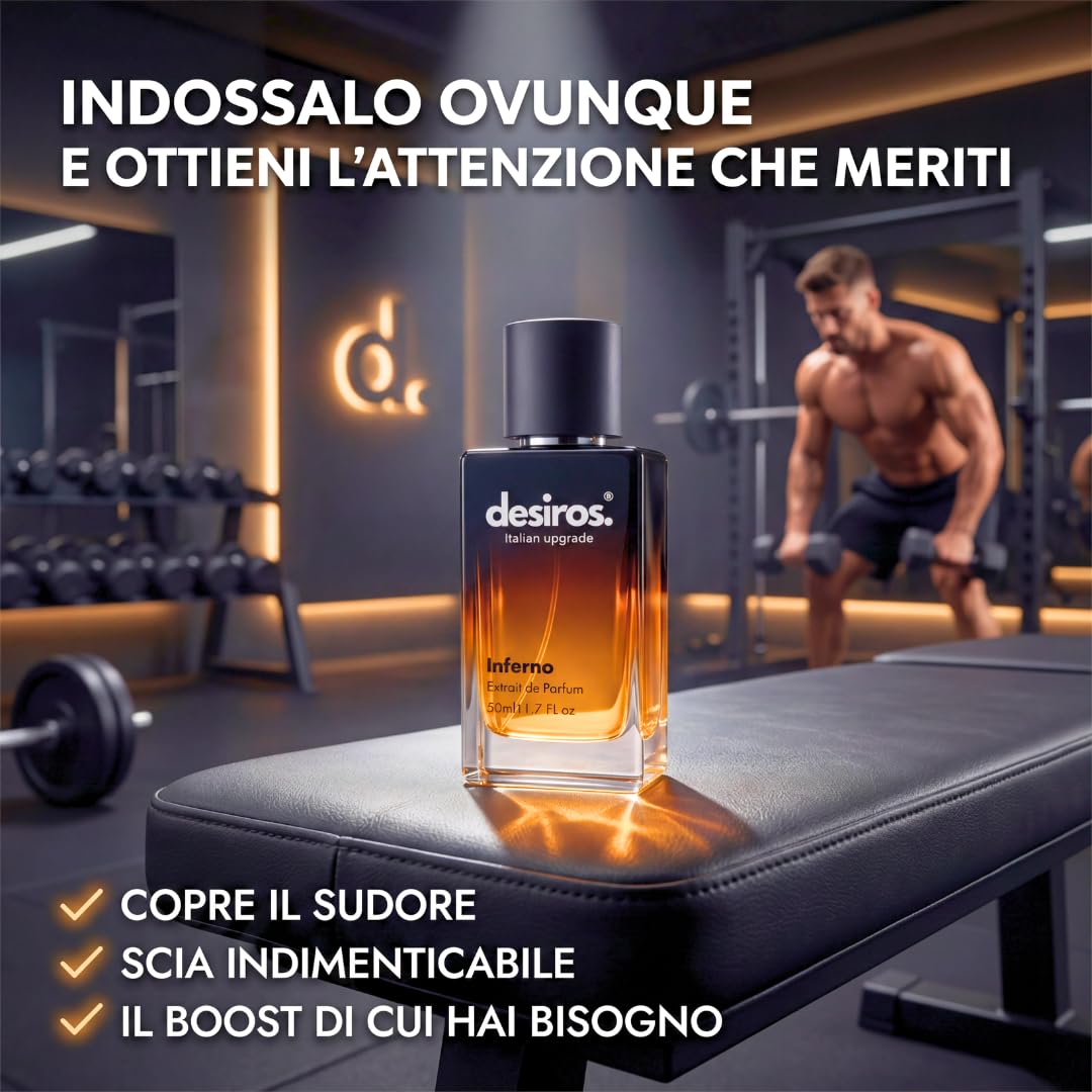 Desiros Inferno - Estratto di Profumo Uomo Italiano Seducente a Lunga Durata Intenso Elixir - Perfume di Marca - Parfum con Note Agrumate, Fresche, Legnose - 25% di Oli Essenziali - Regalo Uomo - 50ml
