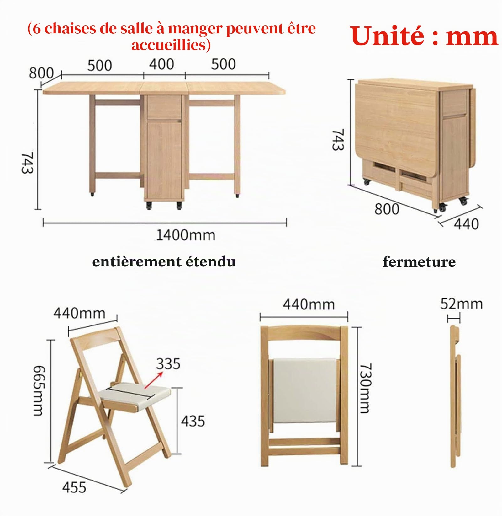 Ensemble de Table à Manger Table Pliante en Bois Massif Table à abattant avec 6 chaises Table à Manger Extensible pour Cuisine Salle à Manger Salon Restaurant,1,1.4m