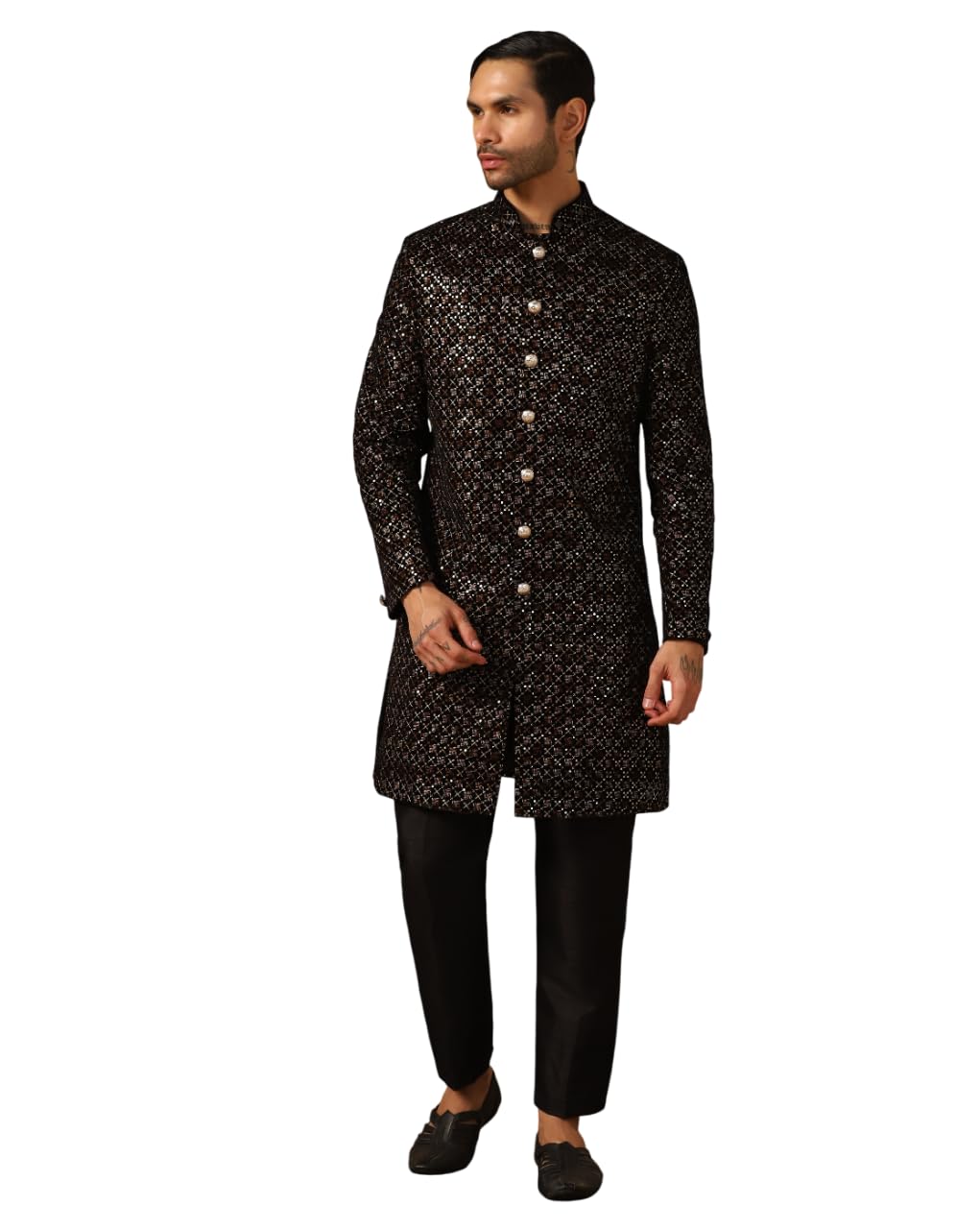 Black Stylish Sherwani for Men – Indo Western Wedding Sherwani Set for Dulha & Groom-image-12