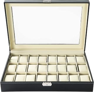 FLKQC 24 Slots Watch Box | Watch Case Display Organizer, Watch Display Case Glass Top for Men Women PU Leather Display Storage Collection Organizer Jewelry Case with Removable Pillows