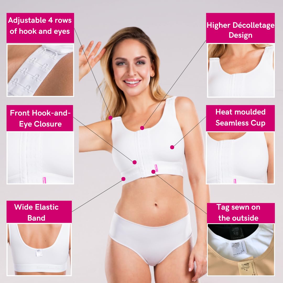LIPOELASTIC PI Super Variant – postoperativer BH – Nahtlose Baumwoll-Körbchen mit verstellbarem Haken- und Ösenverschluss vorne