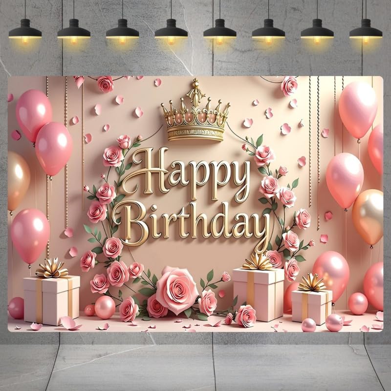 Image of Floral Rose Gold Birthday Backdrop - Elegant Theme for Party Decoration & Photoshoots (Pack of 1)